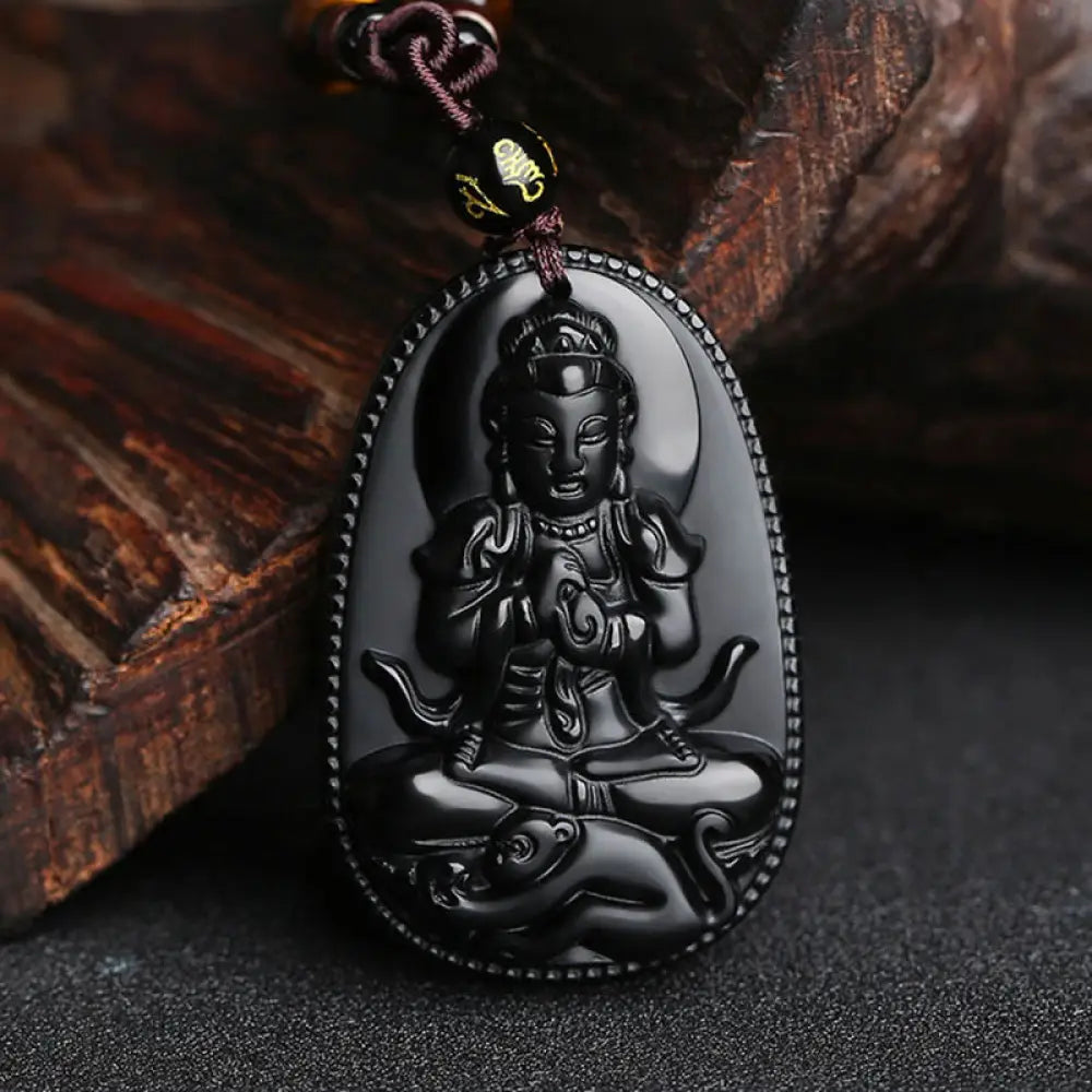 Buddha Stones Chinese Zodiac Natal Buddha Natural Black Obsidian Purification Necklace Pendant - BWOOOH