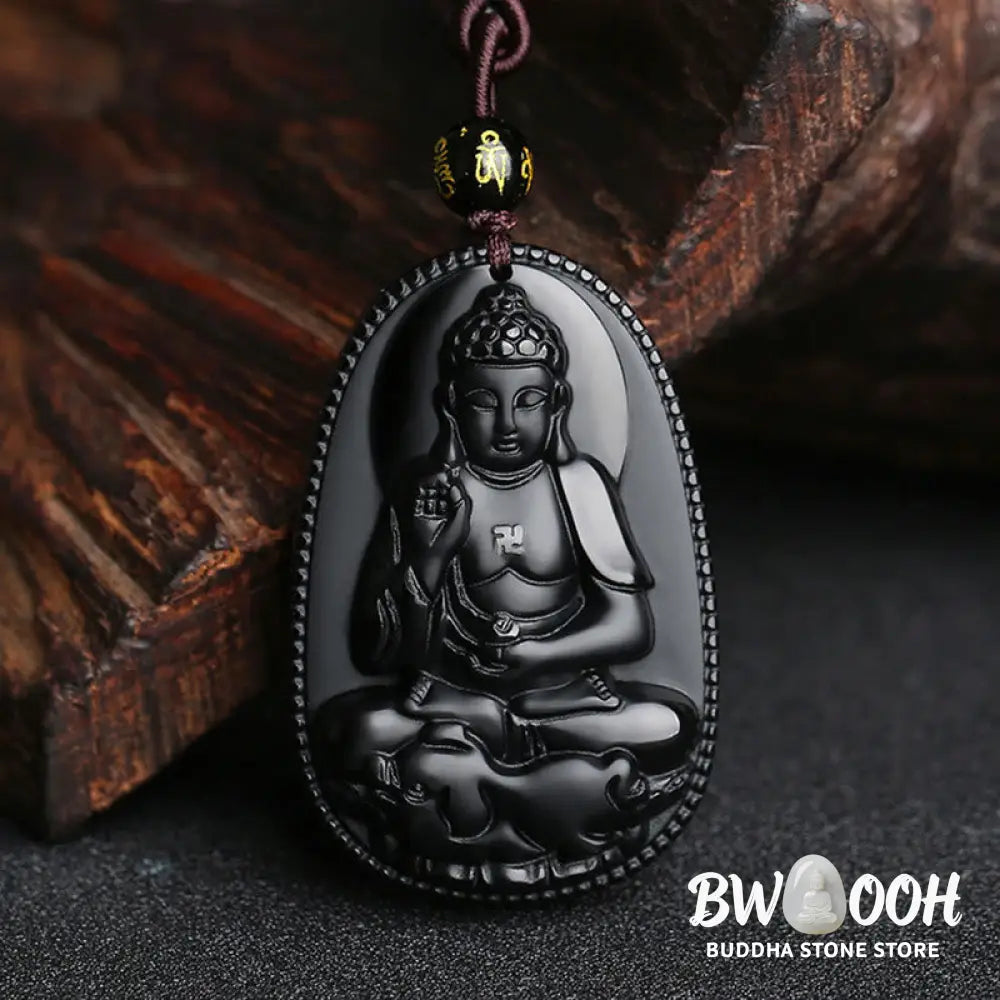 Buddha Stones Chinese Zodiac Natal Buddha Natural Black Obsidian Purification Necklace Pendant - BWOOOH - Necklaces &amp;