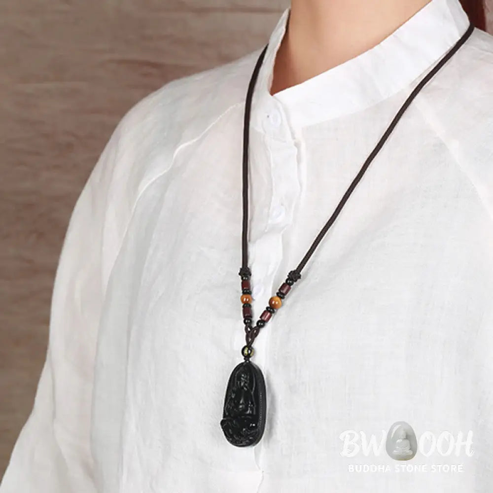 Buddha Stones Chinese Zodiac Natal Buddha Natural Black Obsidian Purification Necklace Pendant - BWOOOH - Necklaces &amp;