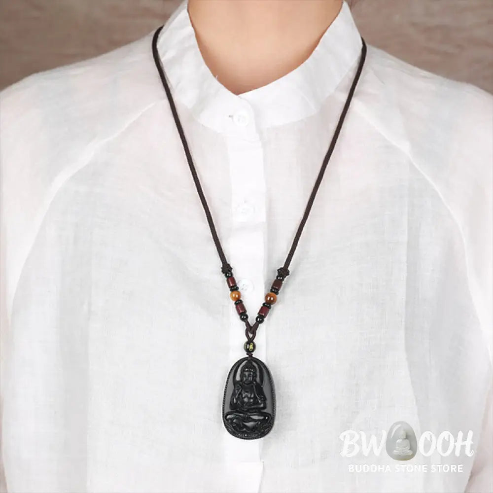 Buddha Stones Chinese Zodiac Natal Buddha Natural Black Obsidian Purification Necklace Pendant - BWOOOH - Necklaces &amp;
