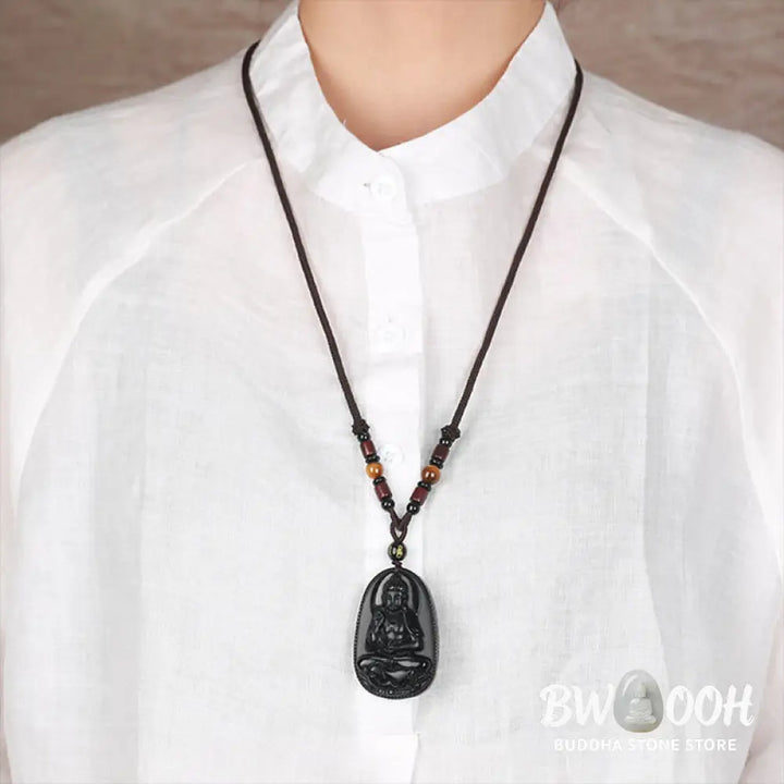 Buddha Stones Chinese Zodiac Natal Buddha Natural Black Obsidian Purification Necklace Pendant - BWOOOH - Necklaces &amp;