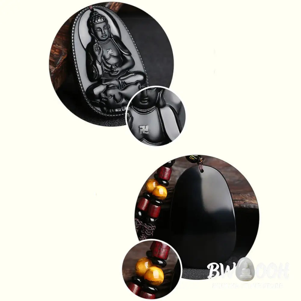 Buddha Stones Chinese Zodiac Natal Buddha Natural Black Obsidian Purification Necklace Pendant - BWOOOH - Necklaces &amp;