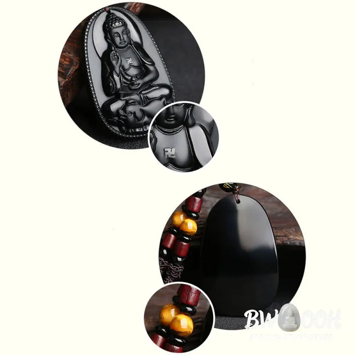Buddha Stones Chinese Zodiac Natal Buddha Natural Black Obsidian Purification Necklace Pendant - BWOOOH - Necklaces &amp;