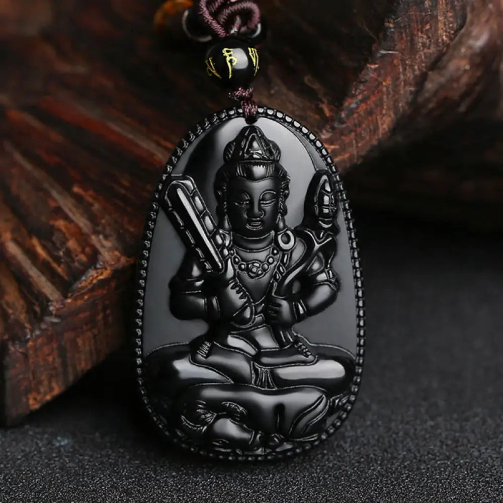 Buddha Stones Chinese Zodiac Natal Buddha Natural Black Obsidian Purification Necklace Pendant - BWOOOH - Ox-Void