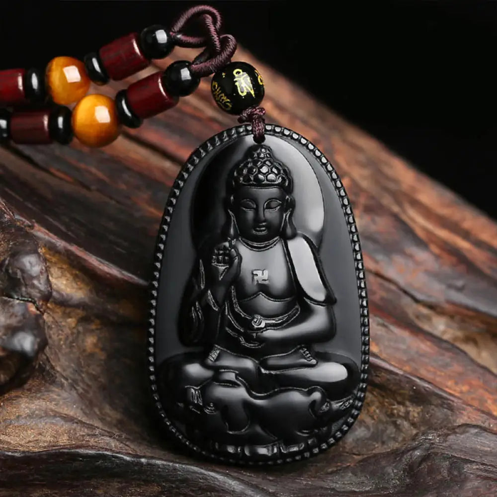 BWOOOH Chinese Zodiac Natal Buddha Natural Black Obsidian Purification Necklace Pendant 45cm