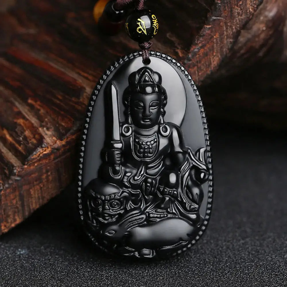 Buddha Stones Chinese Zodiac Natal Buddha Natural Black Obsidian Purification Necklace Pendant - BWOOOH