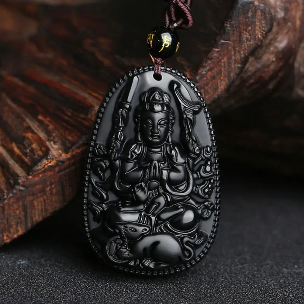 Buddha Stones Chinese Zodiac Natal Buddha Natural Black Obsidian Purification Necklace Pendant - BWOOOH