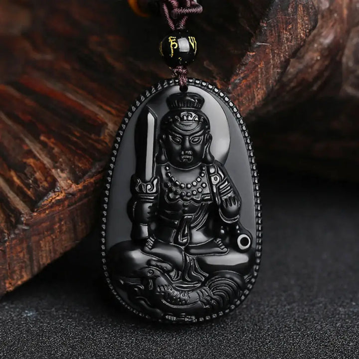 Buddha Stones Chinese Zodiac Natal Buddha Natural Black Obsidian Purification Necklace Pendant - BWOOOH