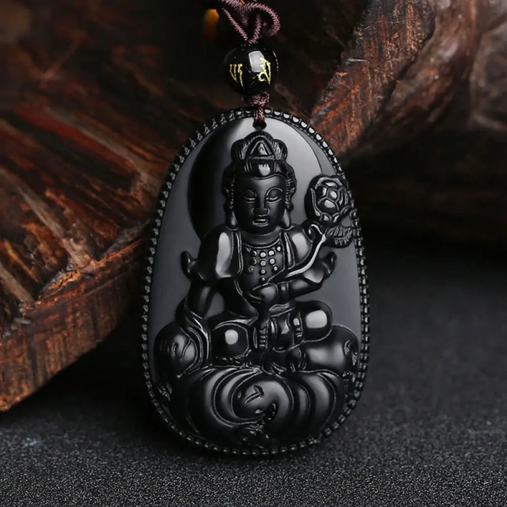 Buddha Stones Chinese Zodiac Natal Buddha Natural Black Obsidian Purification Necklace Pendant - BWOOOH