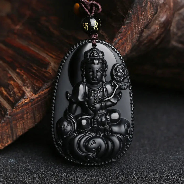 Buddha Stones Chinese Zodiac Natal Buddha Natural Black Obsidian Purification Necklace Pendant - BWOOOH