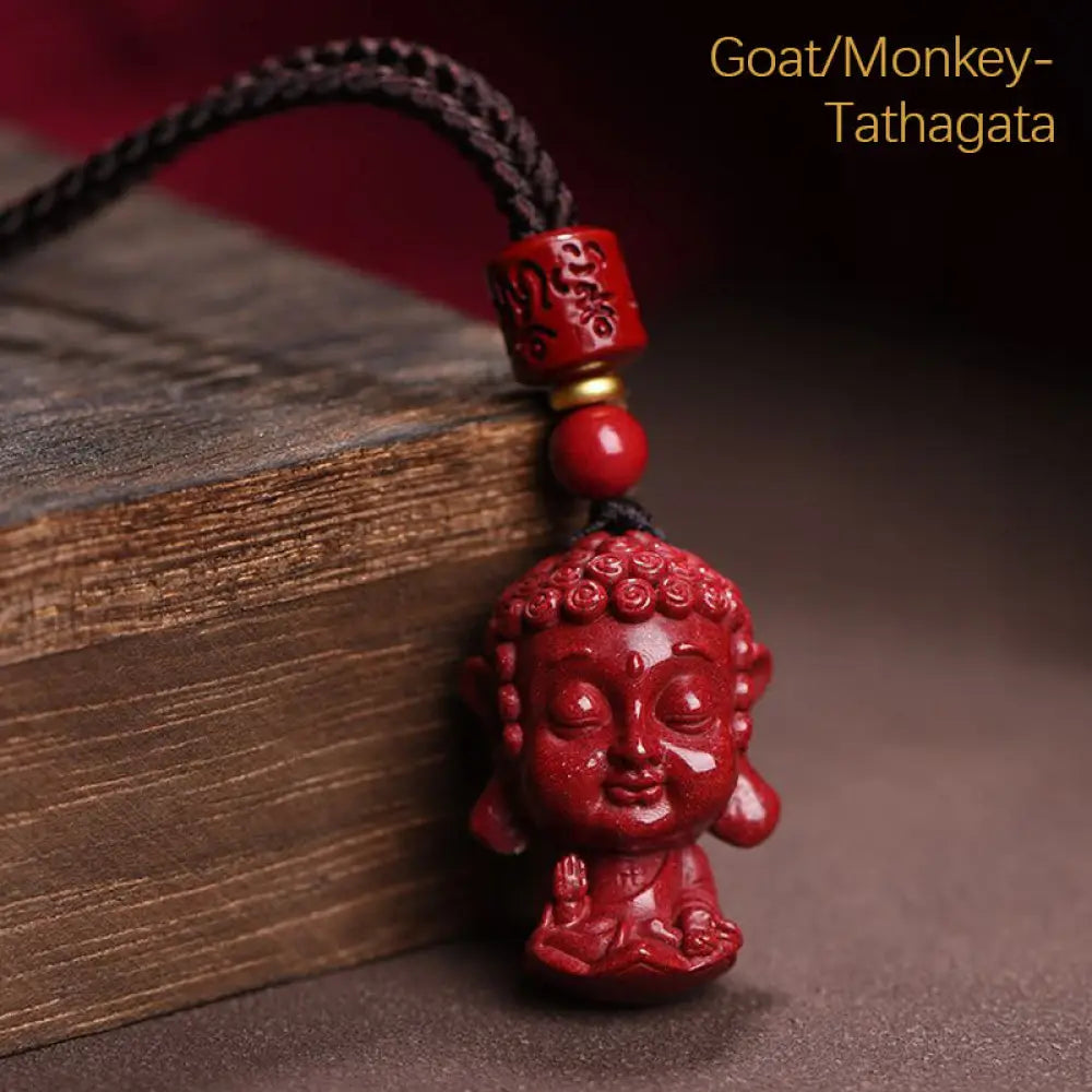 Buddha Stones Chinese Zodiac Natal Buddha Natural Cinnabar Amulet Keep Away Evil Spirits Necklace Pendant - BWOOOH