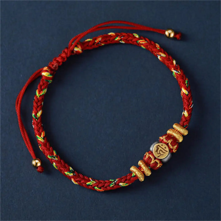 Buddha Stones Chinese Zodiac Natal Buddha Silver Luck Braided String Bracelet - Dog/Pig(Bracelet Size 18-28cm)