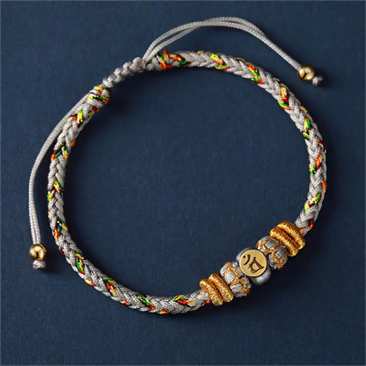Buddha Stones Chinese Zodiac Natal Buddha Silver Luck Braided String Bracelet - Goat/Monkey(Bracelet Size 18-28cm)