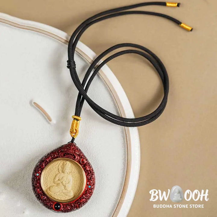 Buddha Stones Chinese Zodiac Natal Buddha Small Leaf Red Sandalwood Ebony Longevity Necklace Pendant - BWOOOH