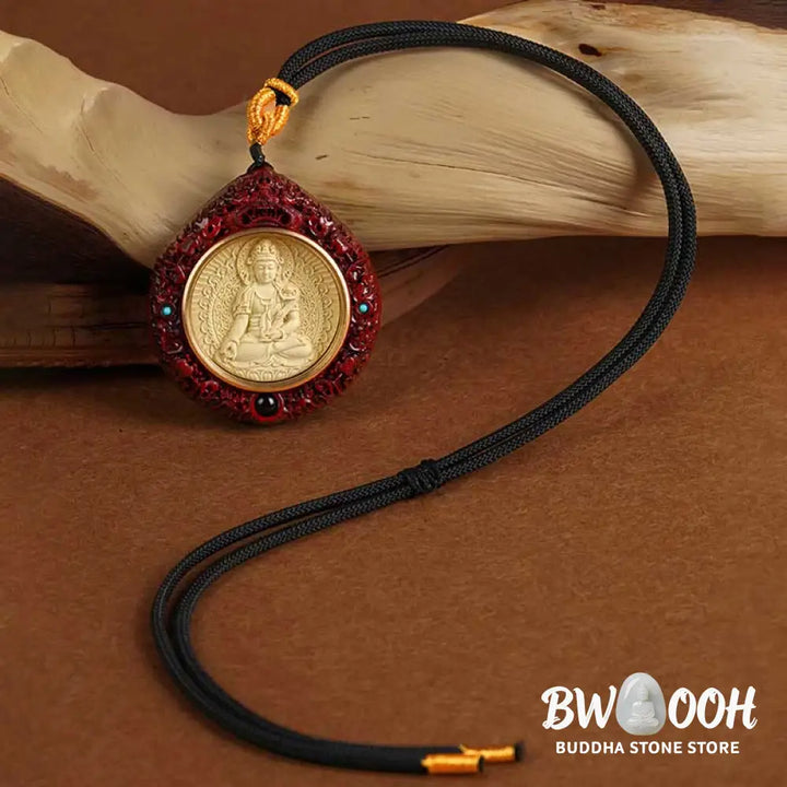 Buddha Stones Chinese Zodiac Natal Buddha Small Leaf Red Sandalwood Ebony Longevity Necklace Pendant - BWOOOH