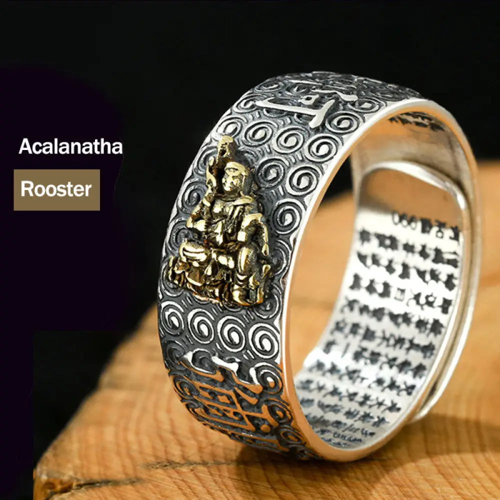 Buddha Stones Chinese Zodiac Natal Buddha Wealth Luck Adjustable Ring - BWOOOH - Acalanatha-Rooster - Rings