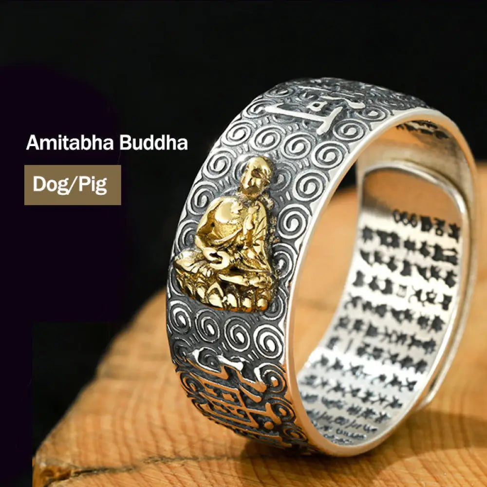 Buddha Stones Chinese Zodiac Natal Buddha Wealth Luck Adjustable Ring - BWOOOH - Amitabha Buddha-Dog/Pig - Rings