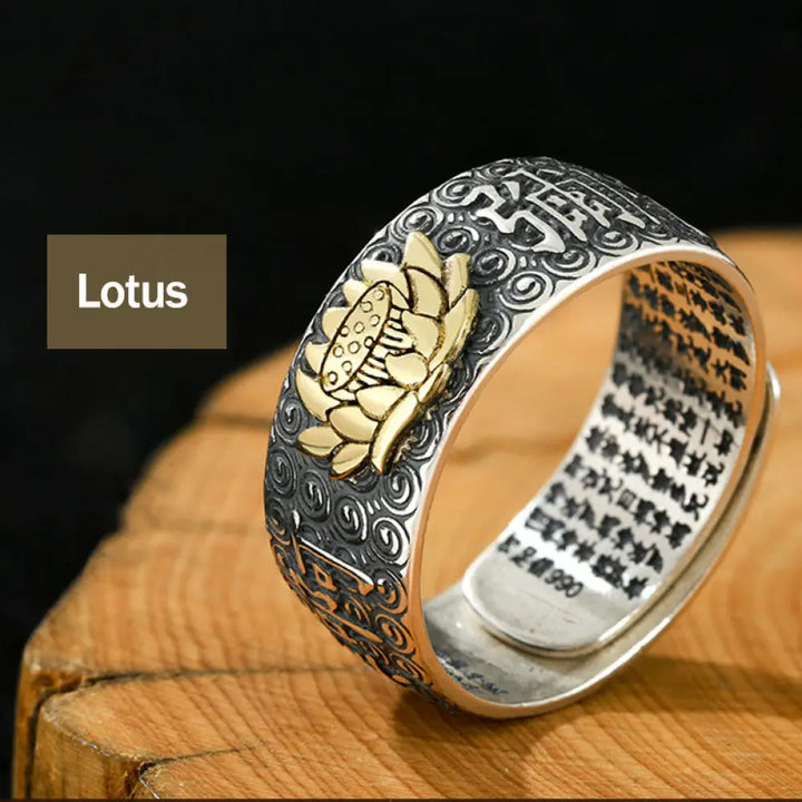 Buddha Stones Chinese Zodiac Natal Buddha Wealth Luck Adjustable Ring - BWOOOH - Lotus - Rings
