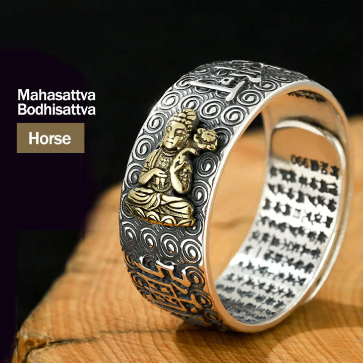 Buddha Stones Chinese Zodiac Natal Buddha Wealth Luck Adjustable Ring - BWOOOH - Mahasattva Bodhisattva-Horse - Rings