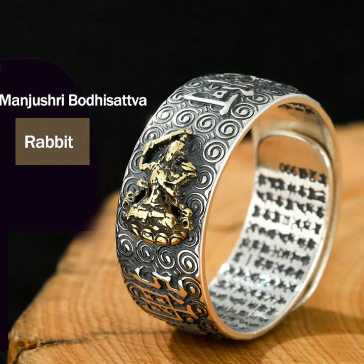 Buddha Stones Chinese Zodiac Natal Buddha Wealth Luck Adjustable Ring - BWOOOH - Manjushri Bodhisattva-Rabbit - Rings