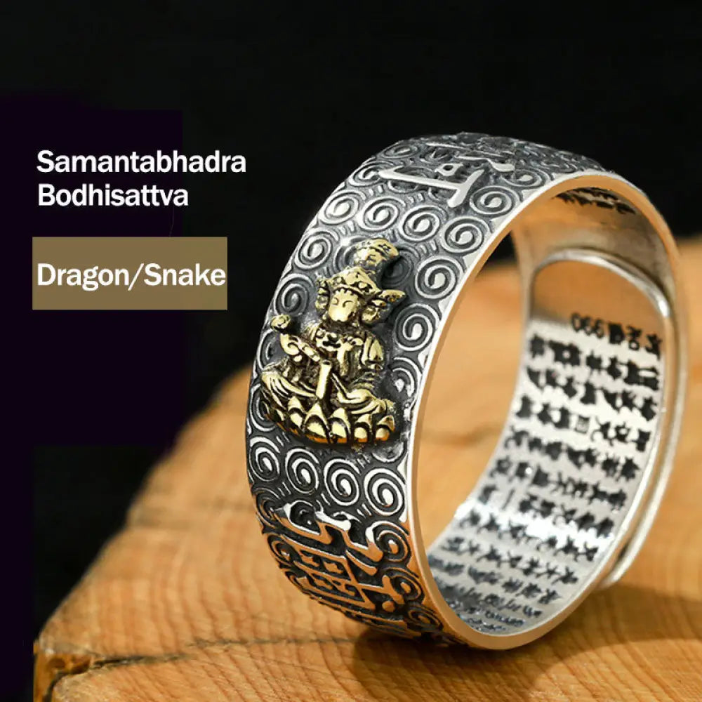 Buddha Stones Chinese Zodiac Natal Buddha Wealth Luck Adjustable Ring - BWOOOH - Samantabhadra Bodhisattva-Dragon/Snake