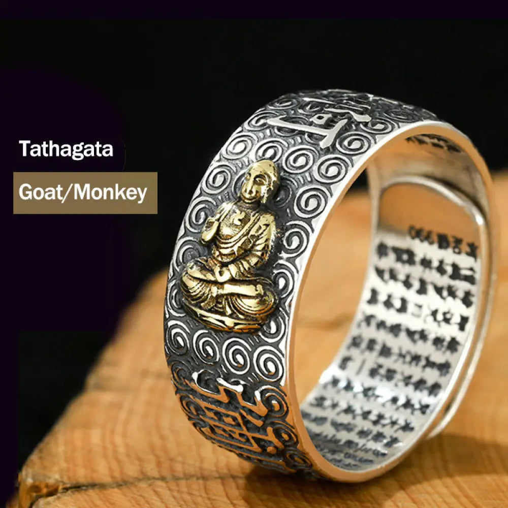 Buddha Stones Chinese Zodiac Natal Buddha Wealth Luck Adjustable Ring - BWOOOH - Tathagata-Goat/Monkey - Rings
