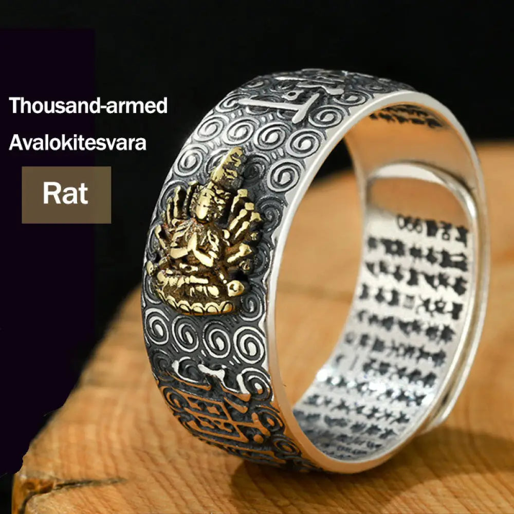 Buddha Stones Chinese Zodiac Natal Buddha Wealth Luck Adjustable Ring - BWOOOH - Thousand-armed Avalokitesvara-Rat