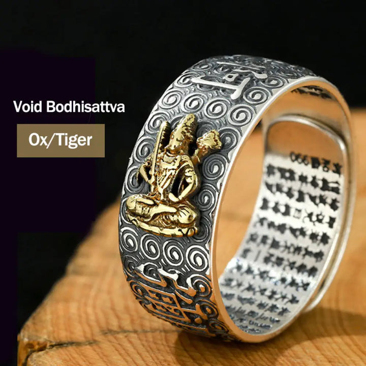 Buddha Stones Chinese Zodiac Natal Buddha Wealth Luck Adjustable Ring - BWOOOH - Void Bodhisattva-Ox/Tiger - Rings