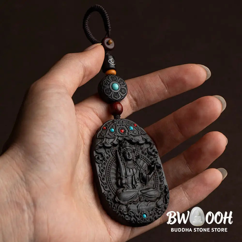 Buddha Stones Chinese Zodiac Natal Buddha Year of the Horse Om Mani Padme Hum Lotus Ebony Blessing Key Chain - Key Chain