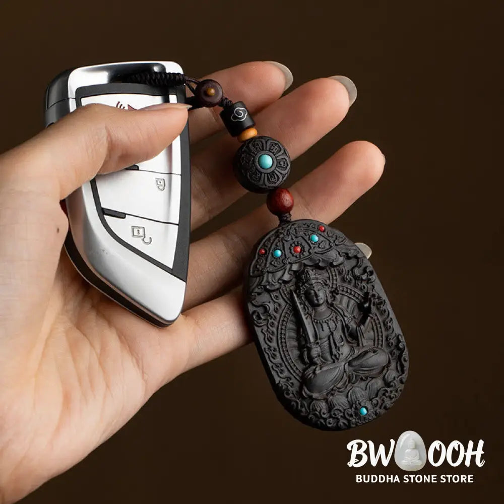 Buddha Stones Chinese Zodiac Natal Buddha Year of the Horse Om Mani Padme Hum Lotus Ebony Blessing Key Chain - Key Chain