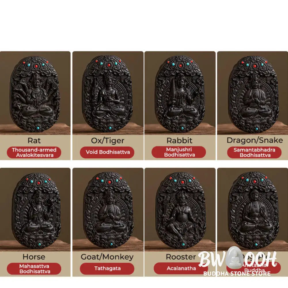 Buddha Stones Chinese Zodiac Natal Buddha Year of the Horse Om Mani Padme Hum Lotus Ebony Blessing Key Chain - Key Chain