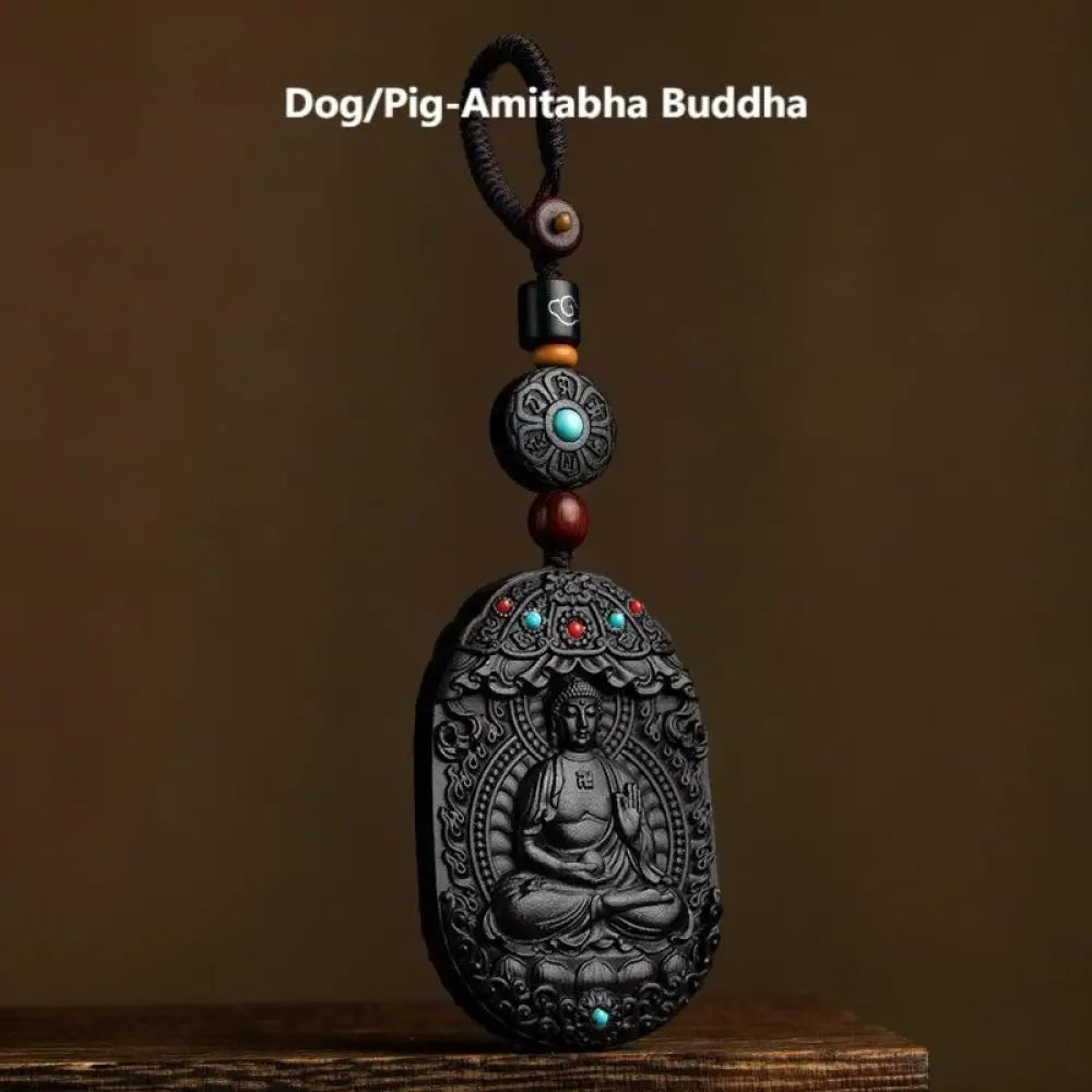 Buddha Stones Chinese Zodiac Natal Buddha Year of the Horse Om Mani Padme Hum Lotus Ebony Blessing Key Chain
