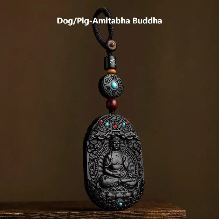 Buddha Stones Chinese Zodiac Natal Buddha Year of the Horse Om Mani Padme Hum Lotus Ebony Blessing Key Chain