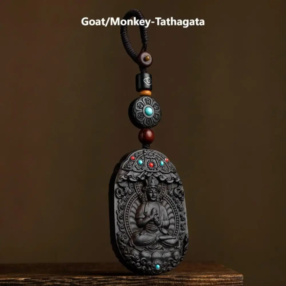 Buddha Stones Chinese Zodiac Natal Buddha Year of the Horse Om Mani Padme Hum Lotus Ebony Blessing Key Chain