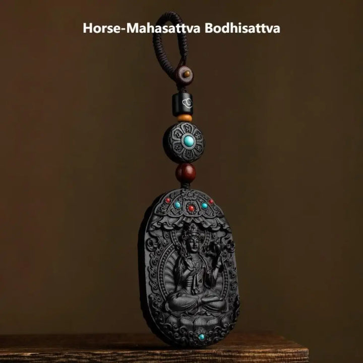 Buddha Stones Chinese Zodiac Natal Buddha Year of the Horse Om Mani Padme Hum Lotus Ebony Blessing Key Chain
