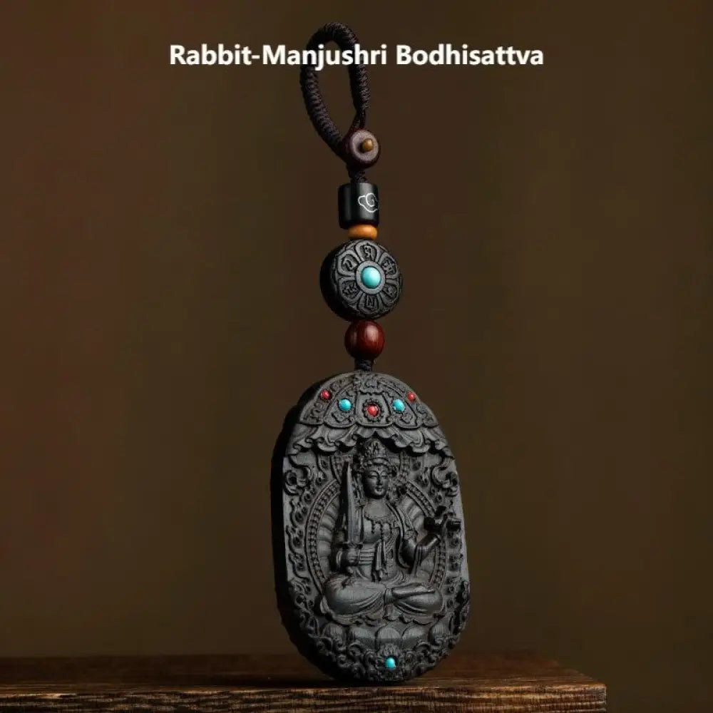 Buddha Stones Chinese Zodiac Natal Buddha Year of the Horse Om Mani Padme Hum Lotus Ebony Blessing Key Chain