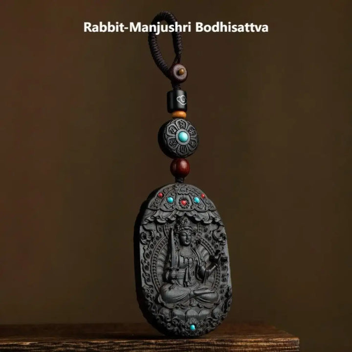 Buddha Stones Chinese Zodiac Natal Buddha Year of the Horse Om Mani Padme Hum Lotus Ebony Blessing Key Chain