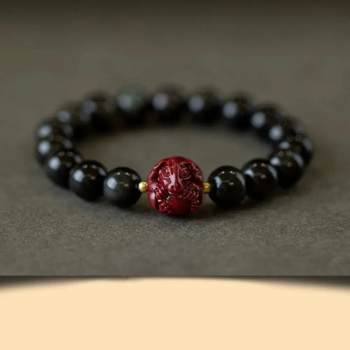 Buddha Stones Chinese Zodiac Natural Black Obsidian Cinnabar Purification Bracelet - BWOOOH - 10mm Black Obsidian