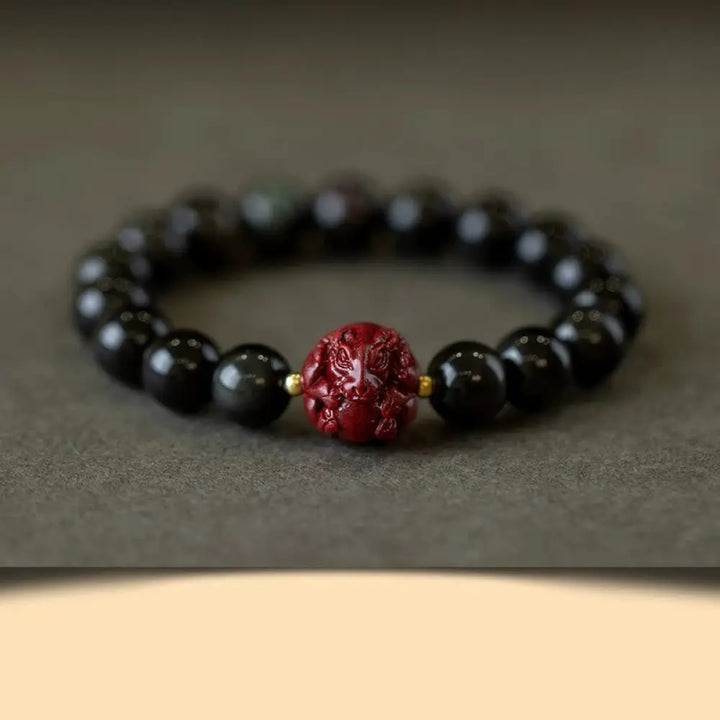 Buddha Stones Chinese Zodiac Natural Black Obsidian Cinnabar Purification Bracelet - BWOOOH - 10mm Black Obsidian