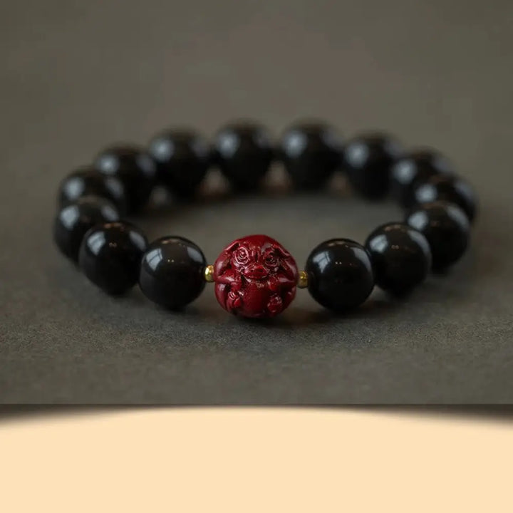 Buddha Stones Chinese Zodiac Natural Black Obsidian Cinnabar Purification Bracelet - BWOOOH - 12mm Black Obsidian