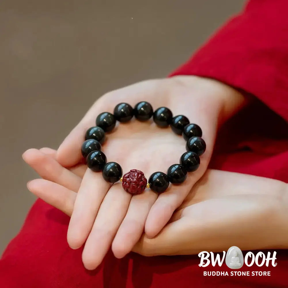 Buddha Stones Chinese Zodiac Natural Black Obsidian Cinnabar Purification Bracelet - BWOOOH - Bracelet