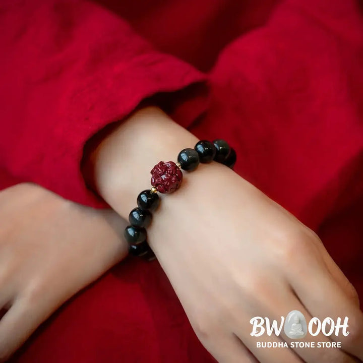 Buddha Stones Chinese Zodiac Natural Black Obsidian Cinnabar Purification Bracelet - BWOOOH - Bracelet