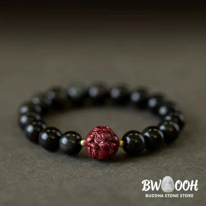 Buddha Stones Chinese Zodiac Natural Black Obsidian Cinnabar Purification Bracelet - BWOOOH - Bracelet