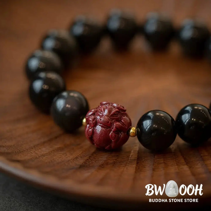Buddha Stones Chinese Zodiac Natural Black Obsidian Cinnabar Purification Bracelet - BWOOOH - Bracelet
