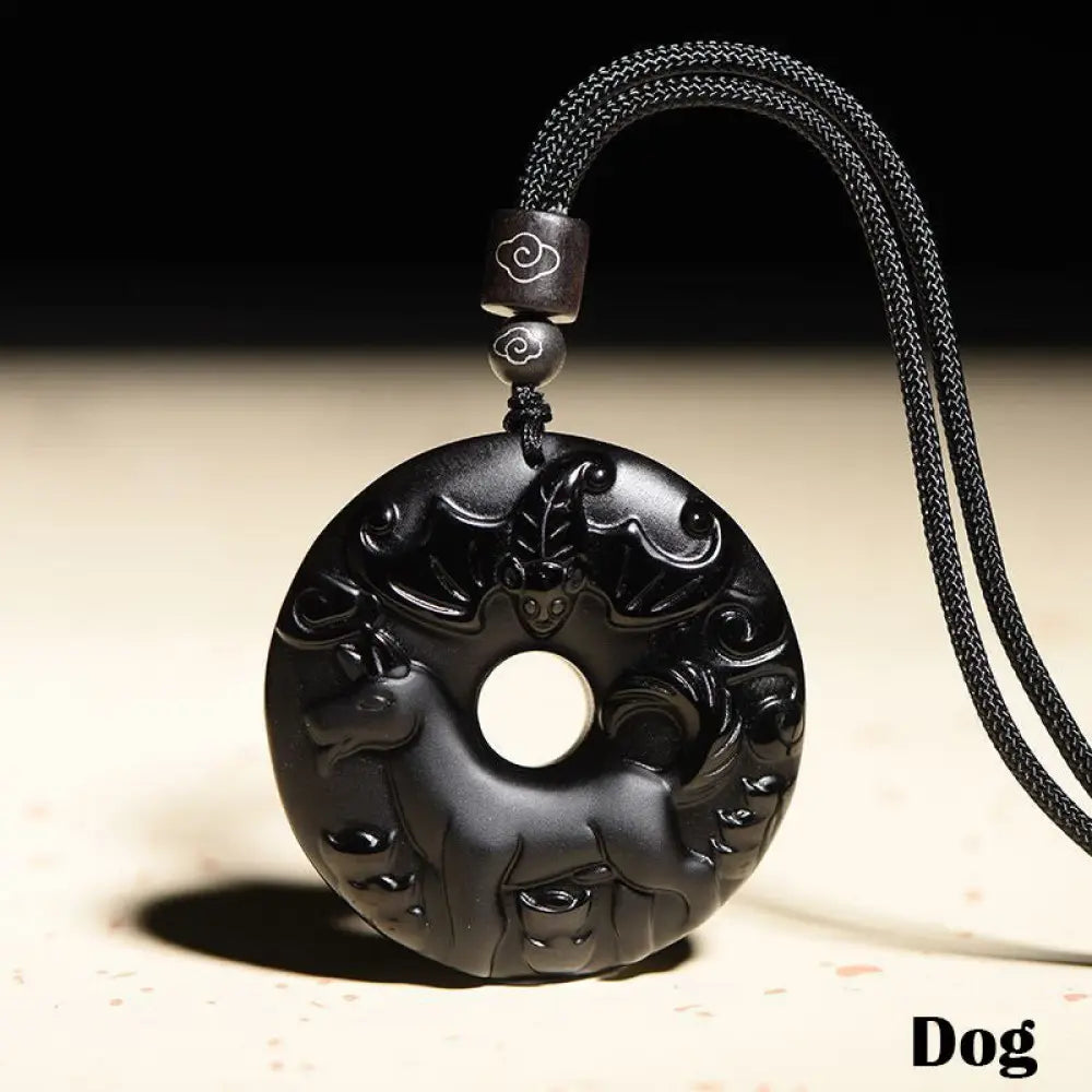 Buddha Stones Chinese Zodiac Natural Black Obsidian Peace Buckle Strength Necklace Pendant - BWOOOH - Dog - Necklaces &amp;