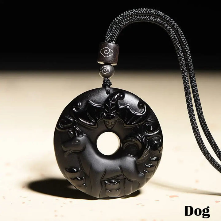 Buddha Stones Chinese Zodiac Natural Black Obsidian Peace Buckle Strength Necklace Pendant - BWOOOH - Dog - Necklaces &amp;