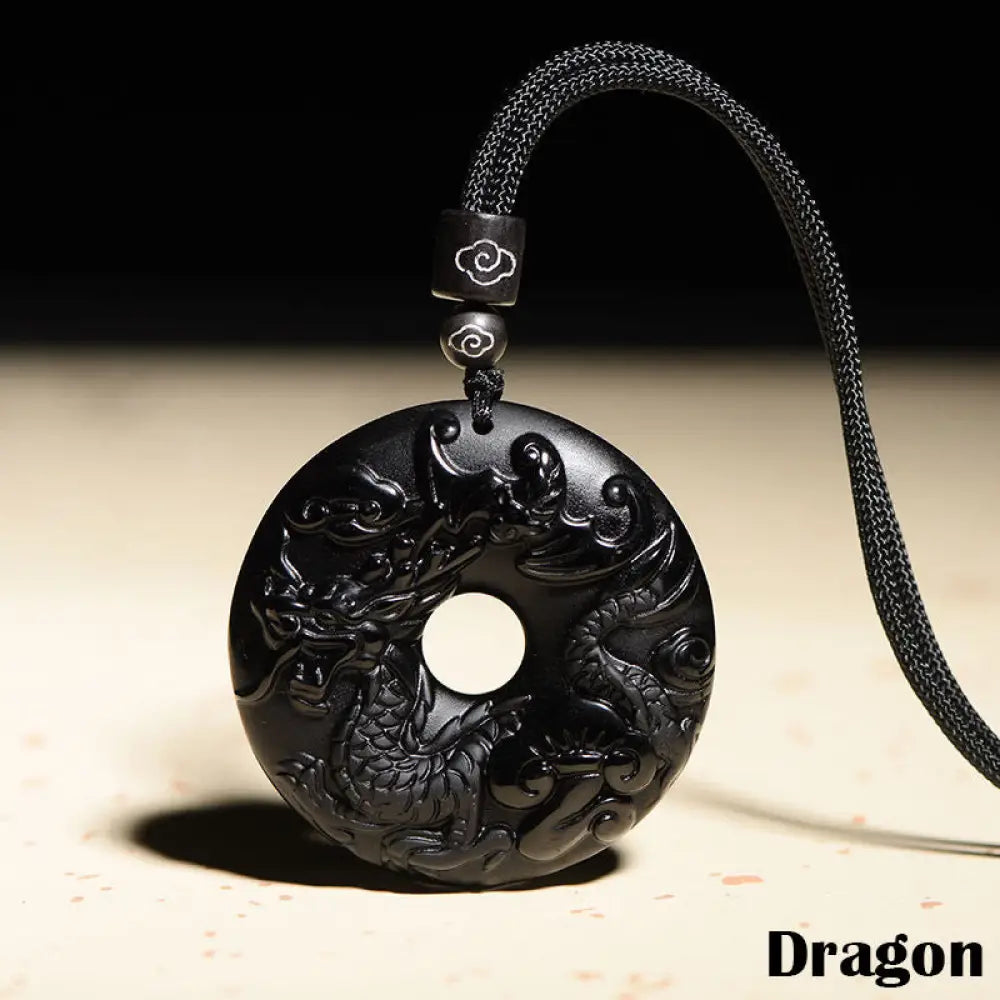 Buddha Stones Chinese Zodiac Natural Black Obsidian Peace Buckle Strength Necklace Pendant - BWOOOH - Dragon