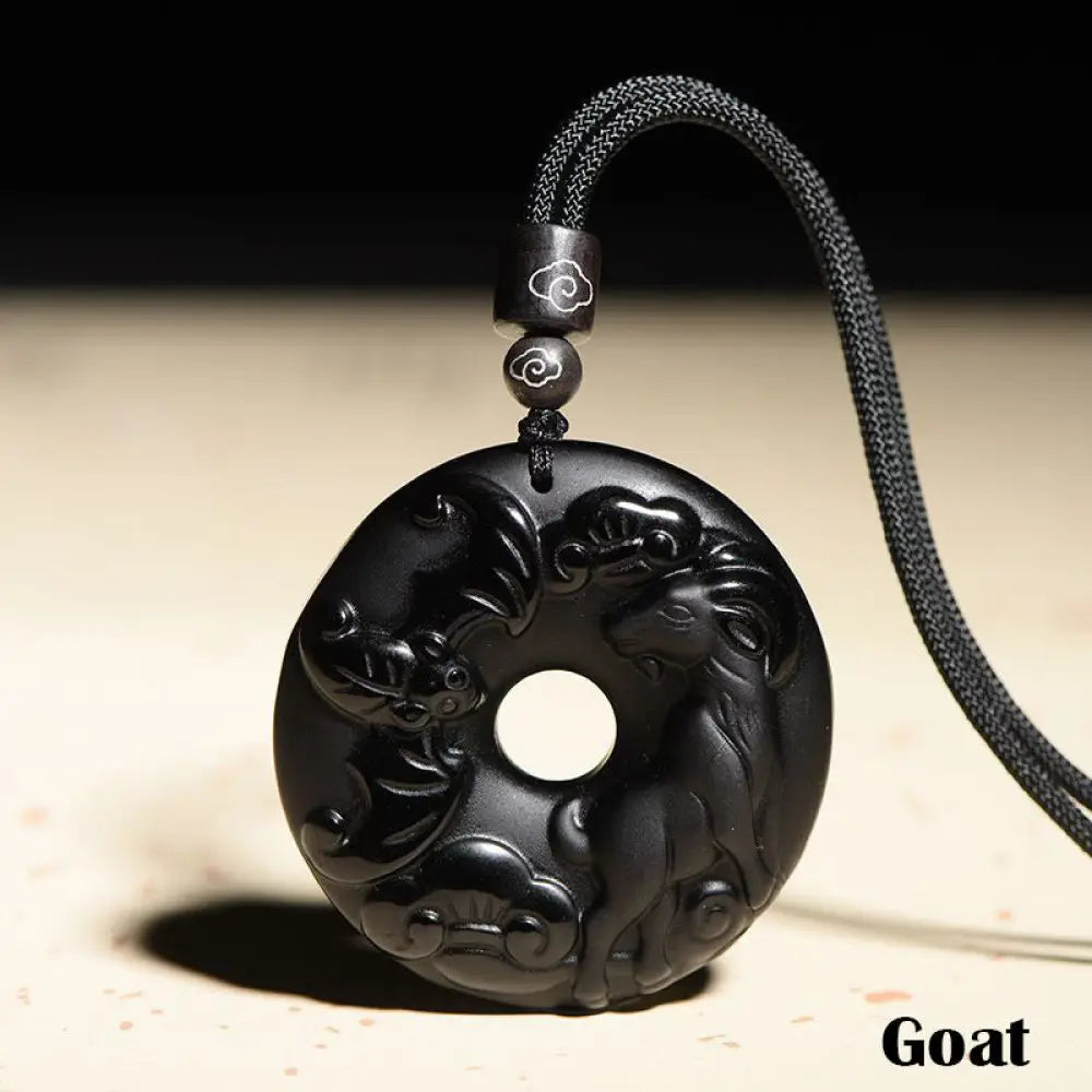 Buddha Stones Chinese Zodiac Natural Black Obsidian Peace Buckle Strength Necklace Pendant - BWOOOH - Goat - Necklaces