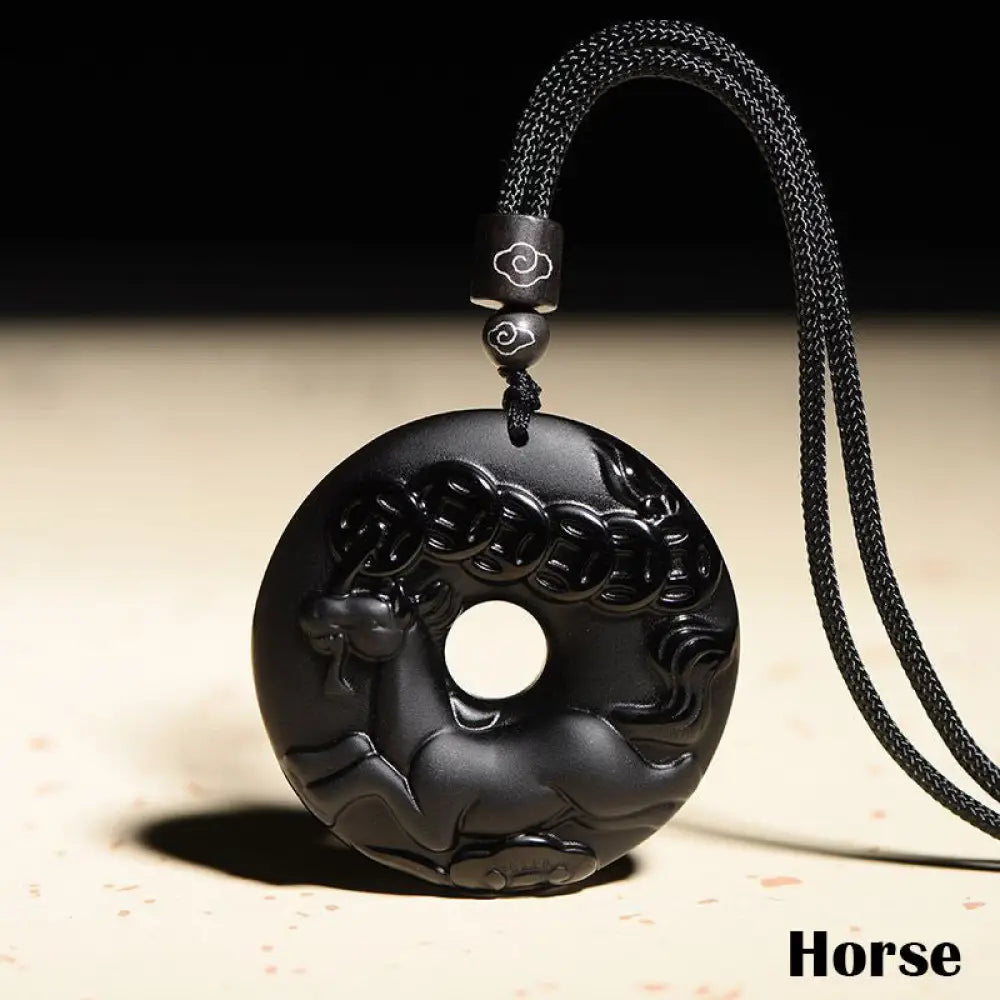 Buddha Stones Chinese Zodiac Natural Black Obsidian Peace Buckle Strength Necklace Pendant - BWOOOH - Horse - Necklaces