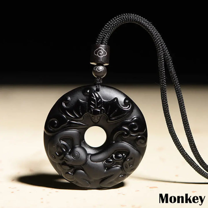 Buddha Stones Chinese Zodiac Natural Black Obsidian Peace Buckle Strength Necklace Pendant - BWOOOH - Monkey